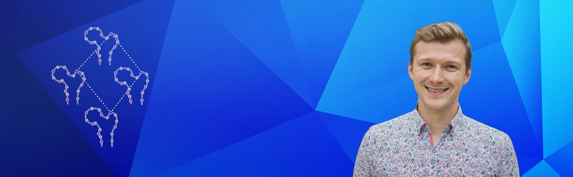 Author Luke Johnson and a diagram of hip modelling on a blue triangle background