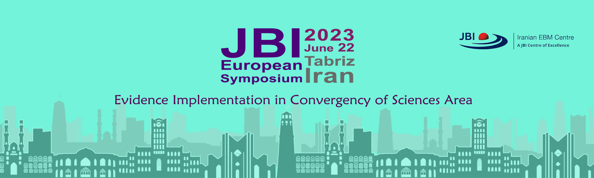 Graphic displaying drawings of buildings and mosques with text: Evidence Implementation in Convergency of Sciences Area