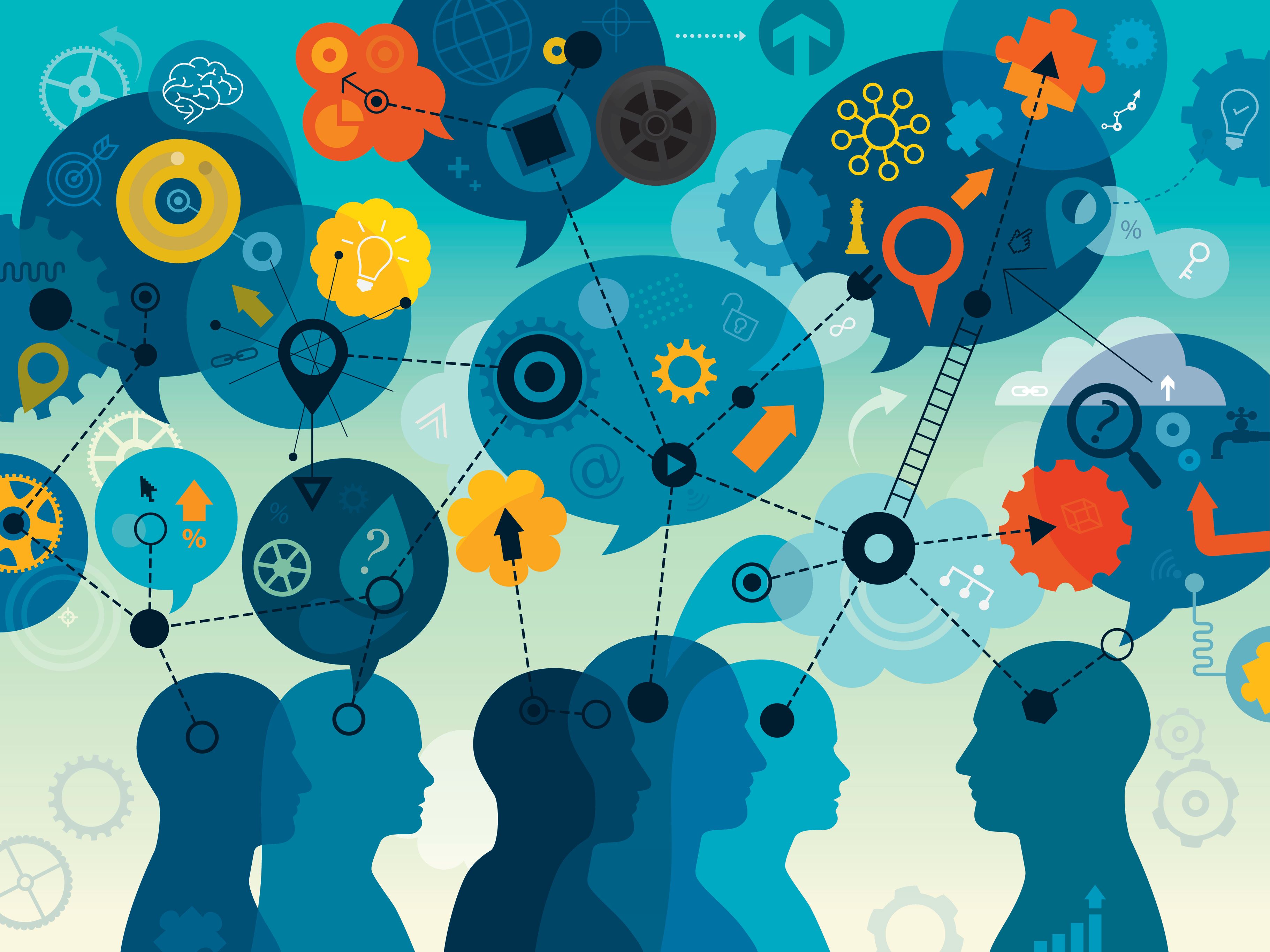 Graphic showing profiles of people with speech bubbles and icons indicated ideas, connections, questions, searching, collaborating