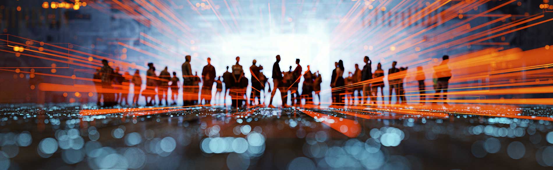 Stylised picture of a group of people discussing the JBI Approach to Evidence Implementation surrounded by orange and blue lights