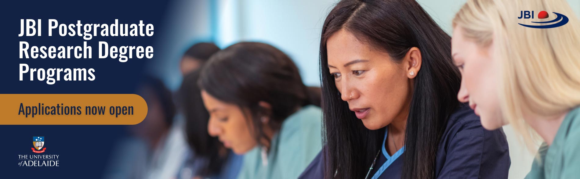 JBI Postgraduate Research Degree Programs - Applications now open - with two women studying