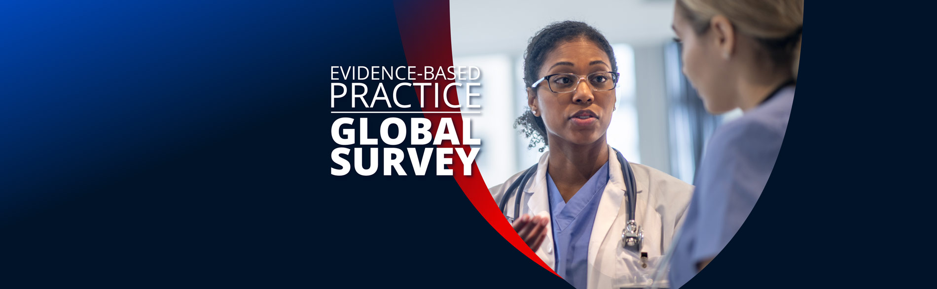 Evidence-based Practice Global Survey banner with picture of two clinicians in discussion