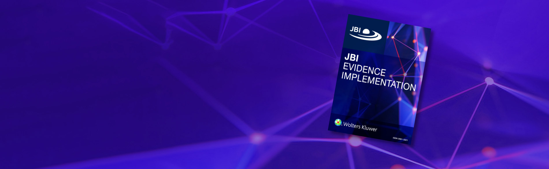 JBI Evidence Implementation cover floating on a blue background with connected dots