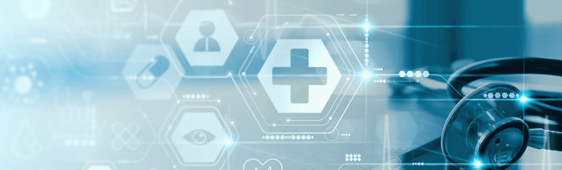 Background photo of stethoscope sitting on table with various icons depicting AI in healthcare