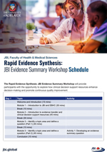 Front cover of the Rapid Evidence Synthesis: JBI Evidence Summary Workshop Schedule flyer