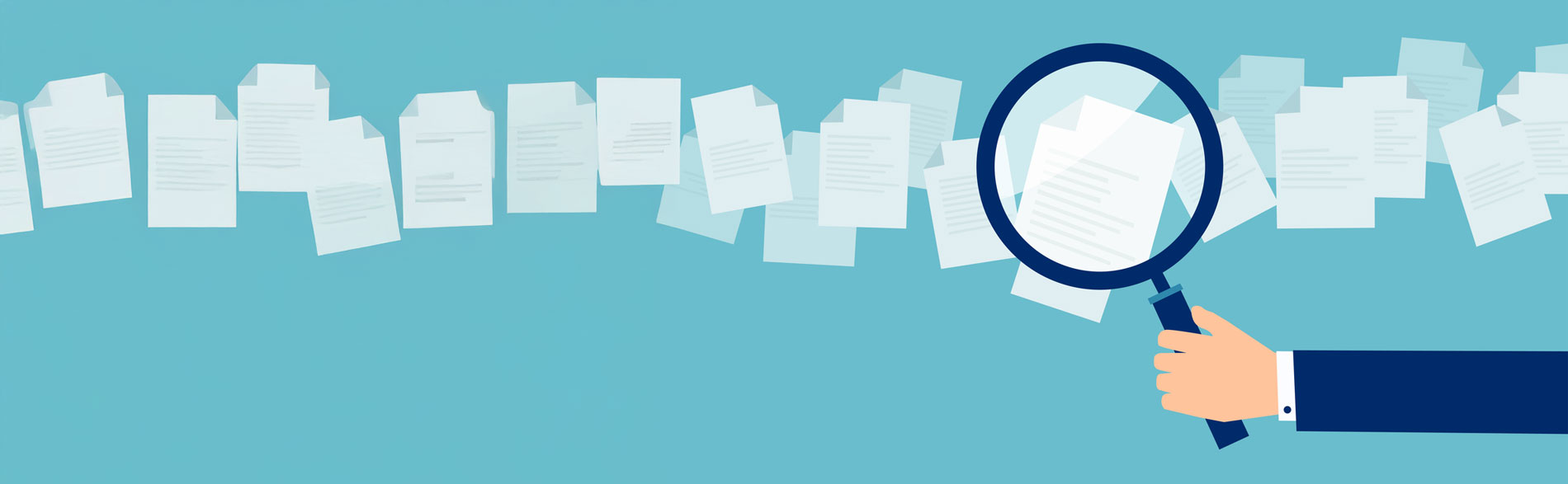 Illustration of a hand holding a magnifying glass over some papers, representing the examination of quantitative systematic reviews