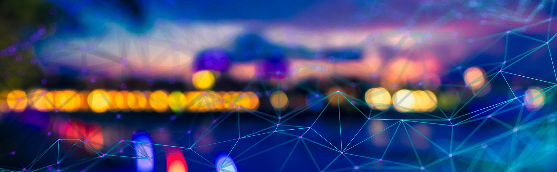 Colourful abstract with blurry lights and a blue network overlay