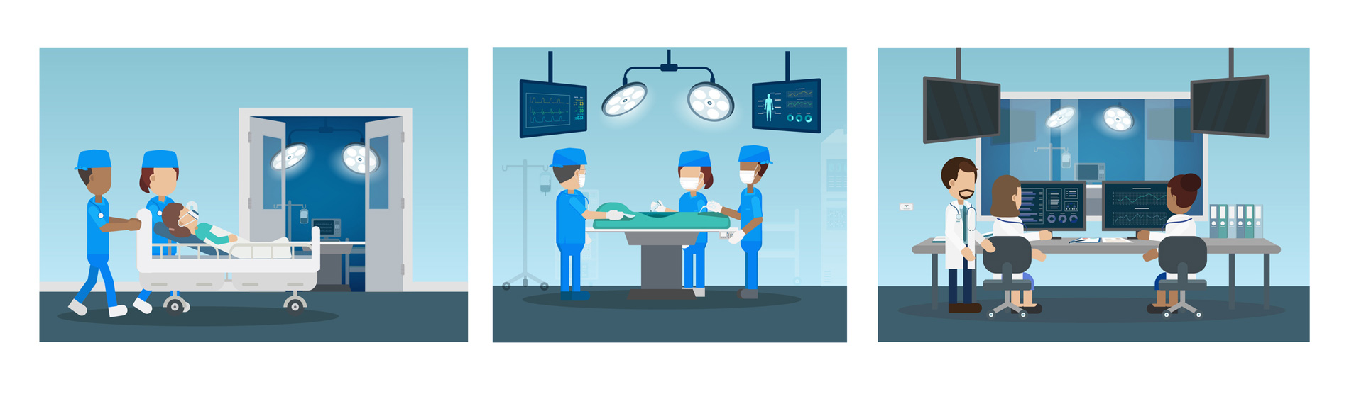 Illustration of three different hospital rooms with various activities