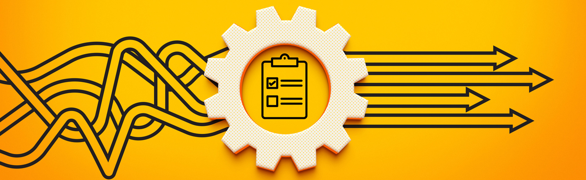 Twisted lines entering a cog and clipboard icon and reappearing as straight arrows, representing Quality Improvement