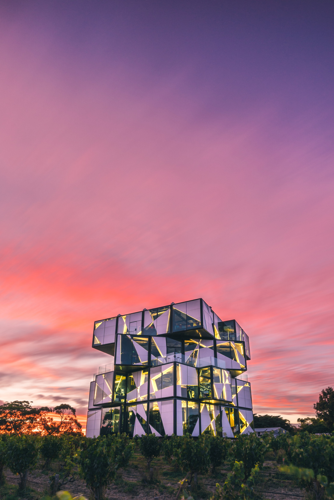 The cube at McLaren Vale with a twilight background. Vines are in foreground.
