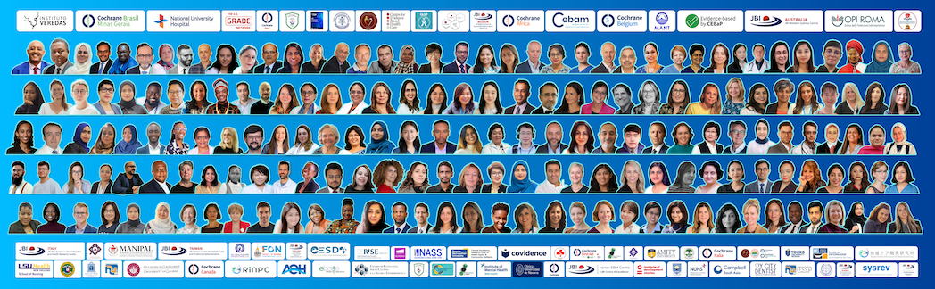 Collage of faces of evidence ambassadors with organisational logos