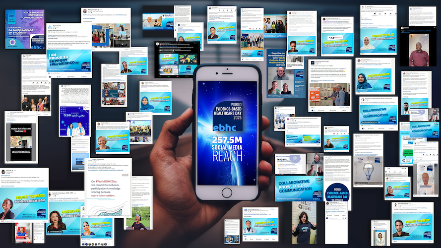 Collage of screenshots from social media. At the centre is a mobile phone screen with the World EBHC Day logo and the text: "257.7M social media reach"