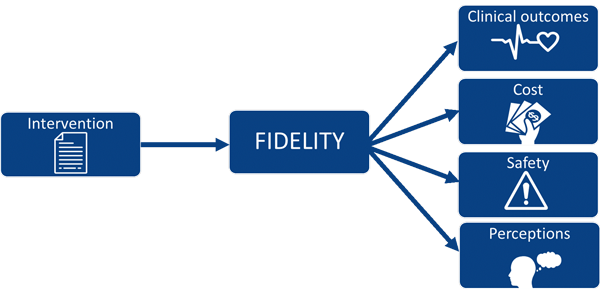 Flow diagram showing Intervention to Fidelity to Clinical outcomes, cost, safety and perceptions