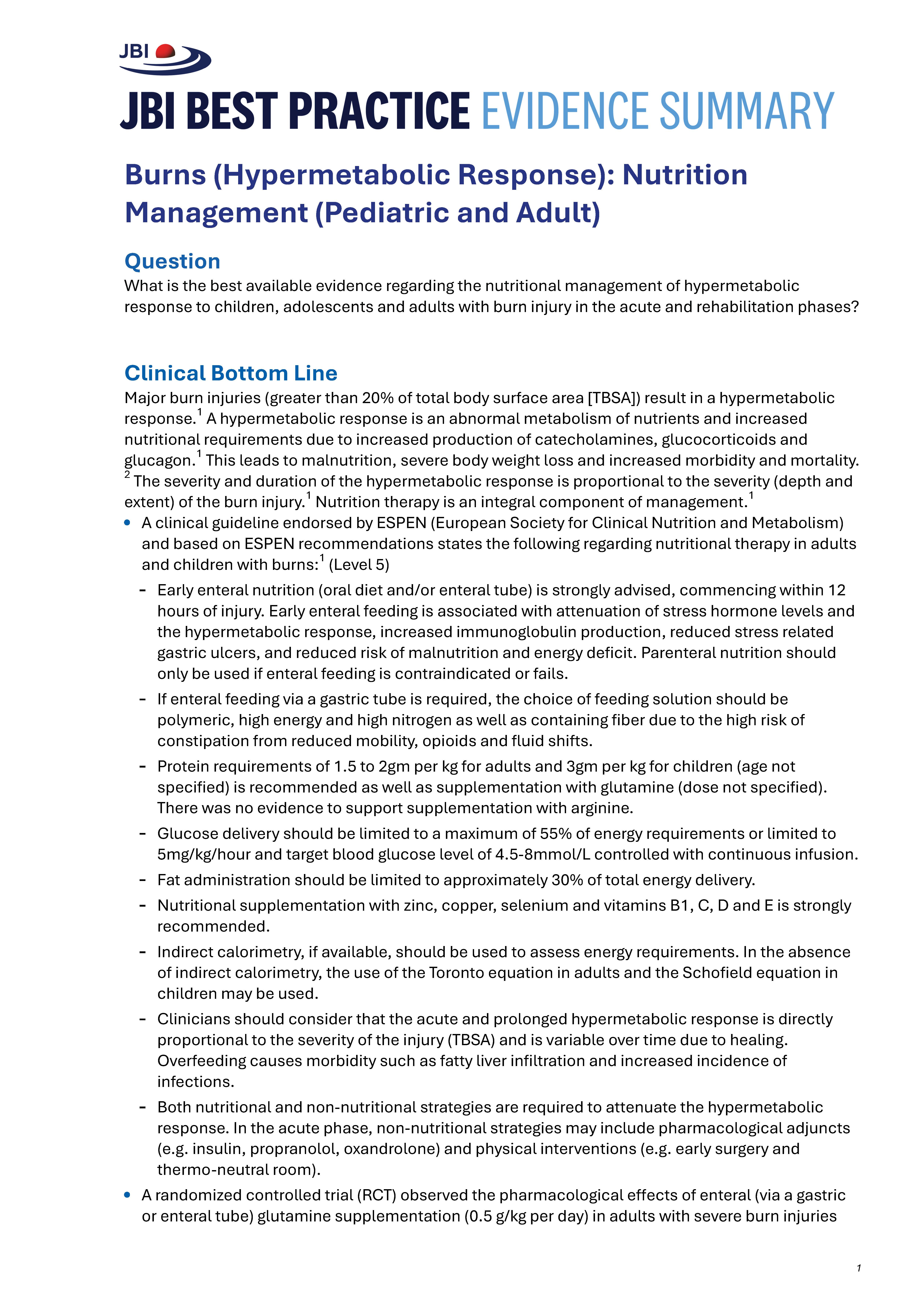 First page of a JBI Best Practice Evidence Summary for Burns (Hypermetabolic Response): Nutrition Management (Pediatric and Adult)