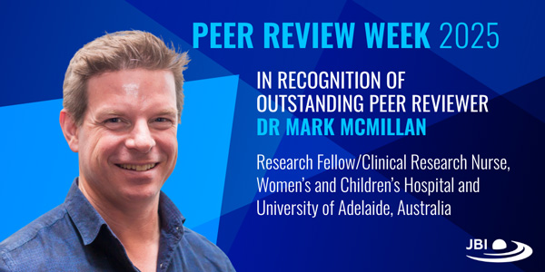Light blue and dark blue geometric background. Peer Review Week 2025. In recognition of outstanding peer reviewer Dr Mark McMillan. Research Fellow/Clinical Research Nurse, Women’s and Children’s Hospital and University of Adelaide, Australia. JBI logo.