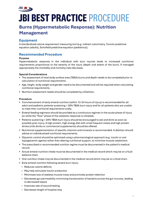 First page of a JBI Best Practice Procedure for Burns (Hypermetabolic Response): Nutrition Management