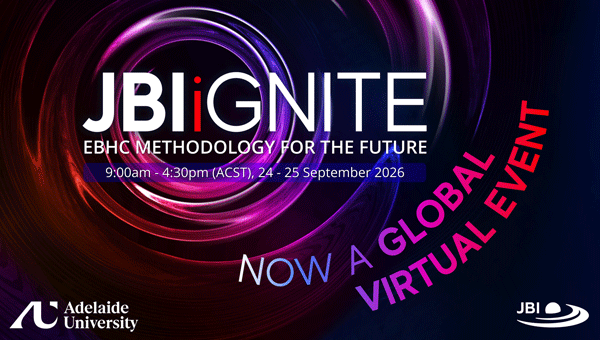 JBi IGNITE EBHC Methodology for the future. Now a global virtual event. JBI logo. Adelaide University logo. Purple, red, blue, pink swirl background.
