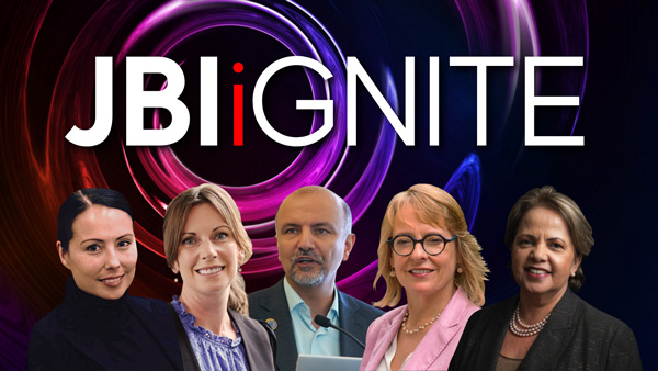 JBI iGNITE purple swirl background and portrait images of speaker.