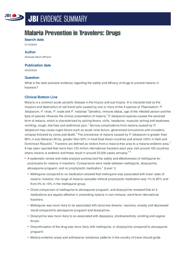 Front page of the JBI Evidence Summary on malaria prevention in travellers
