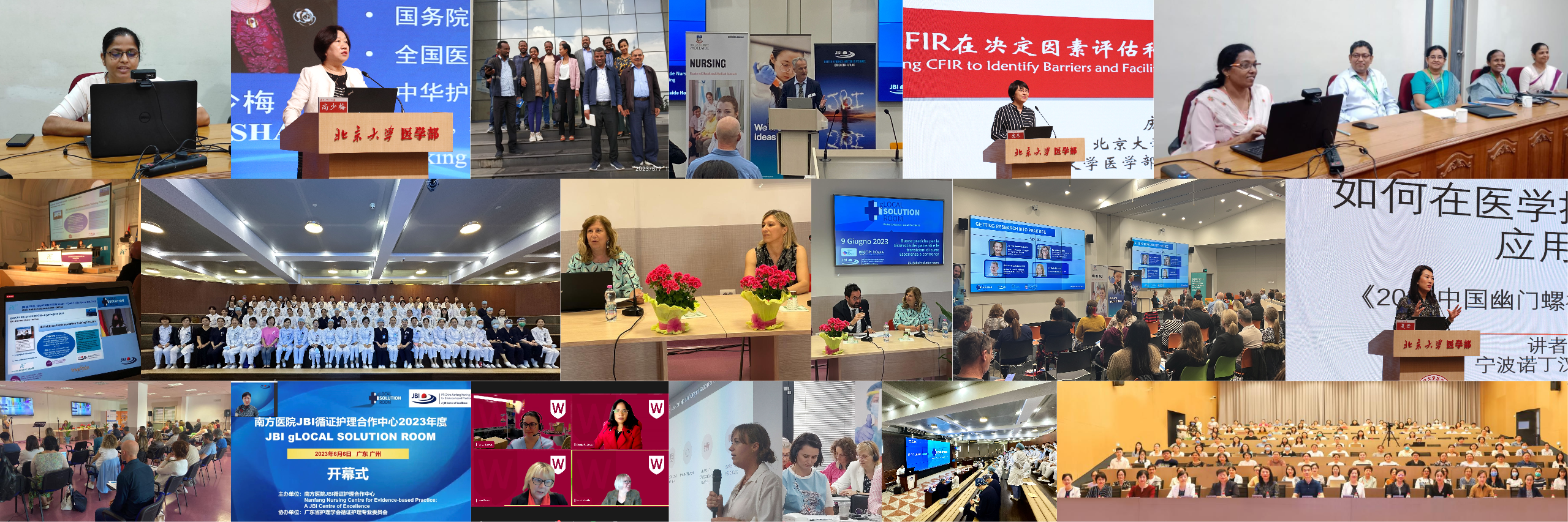 Collage of photos of local Solution Room events held around the world in person and online