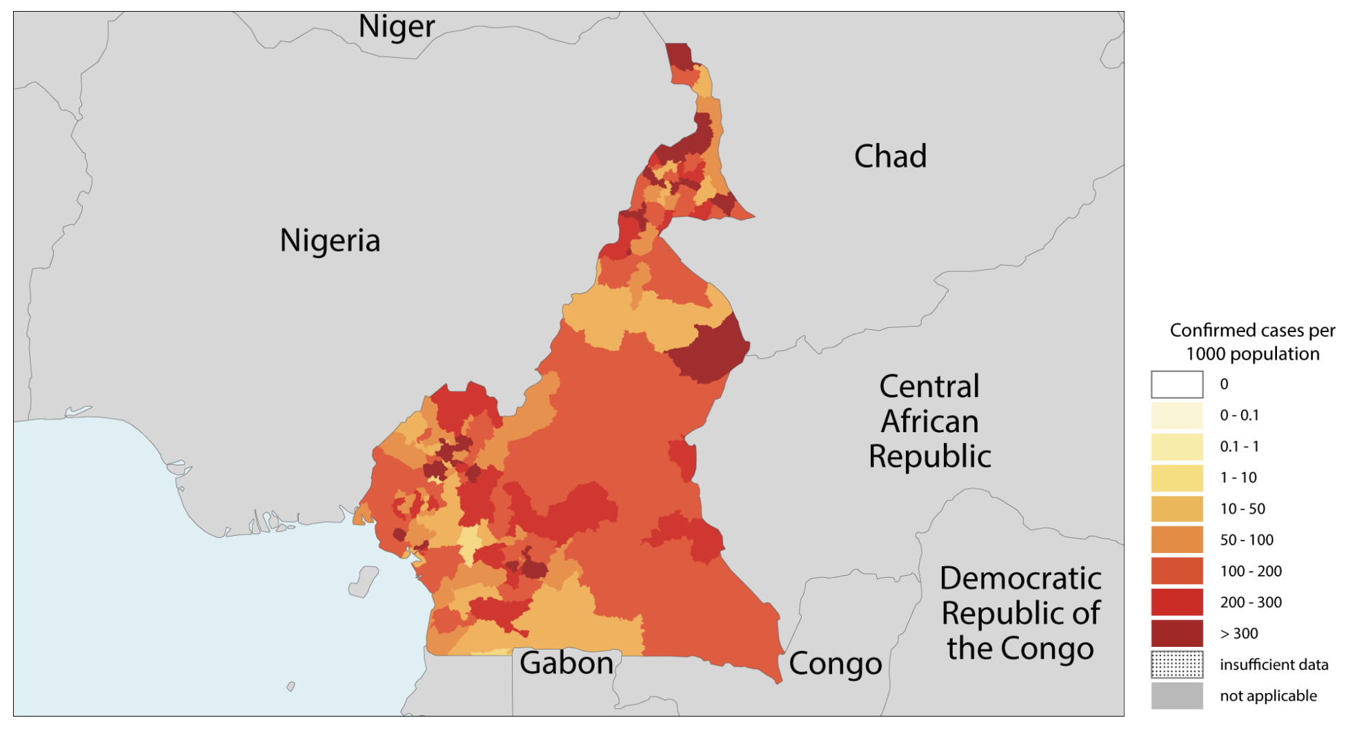 Image showing map of Cameroon indicating through colour confirmed cases of malaria per 1000 population