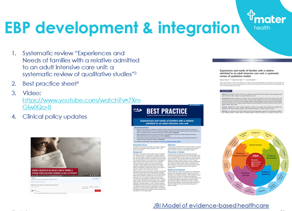 Mater Health presentation slide about EBP developement and intergration.