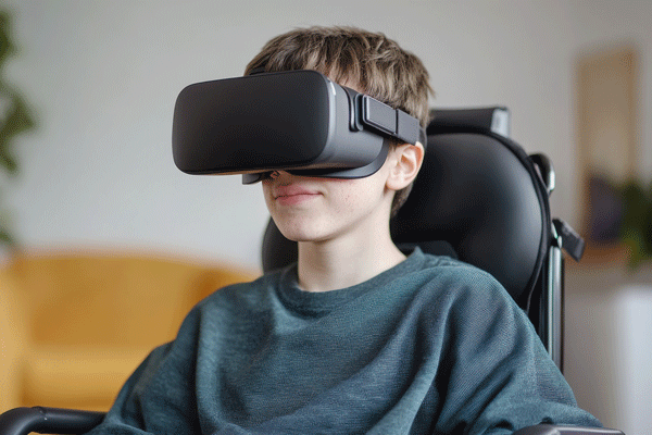 A young boy with cerebral palsy sits in his wheelchair with a VR headset on.