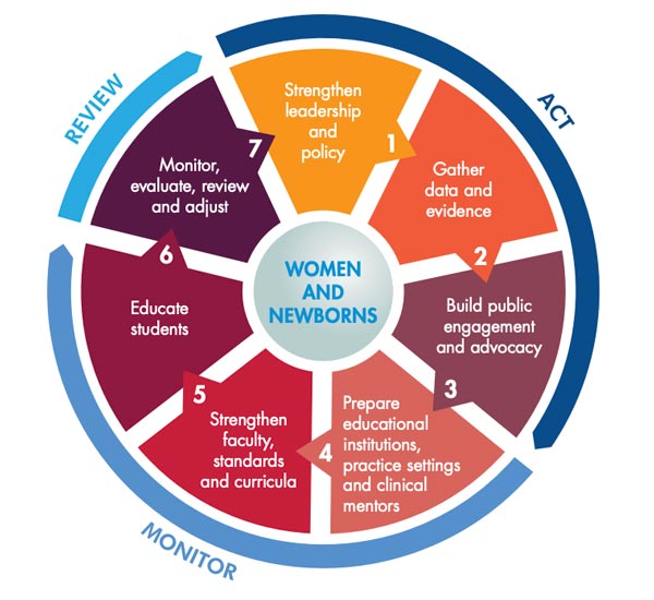 Circular infographic outlining seven steps to support women and newborns, including data and evidence, leadership, advocacy, education, and review.